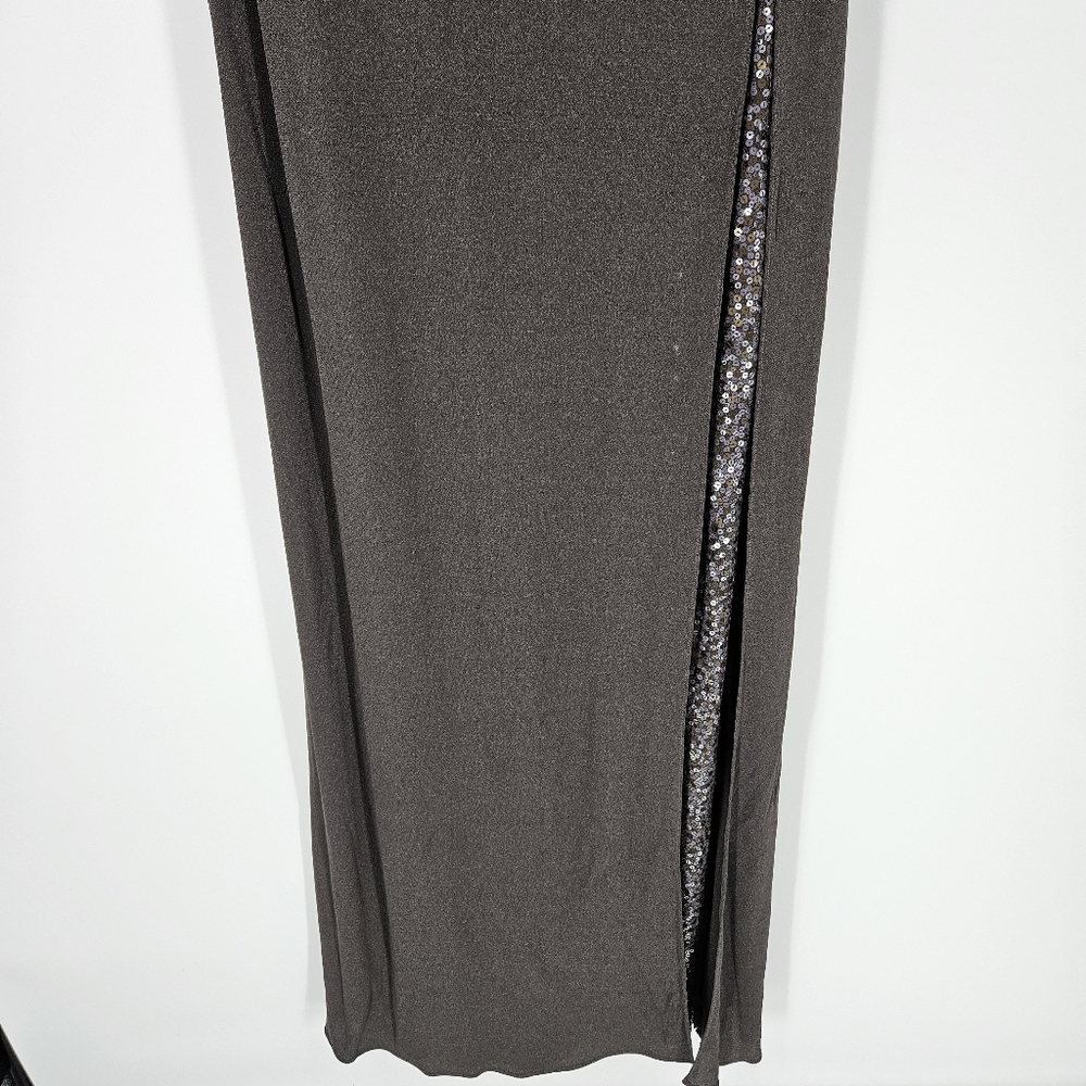 Halston Gray Spaghetti Strap Sequin Detail Full Length Gown - Picture 4 of 15